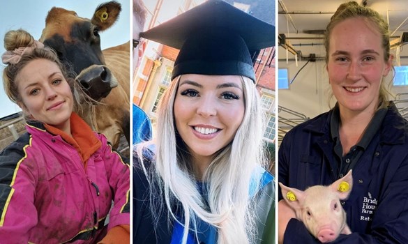 Photos of three young women, two on farm and one at her graduation
